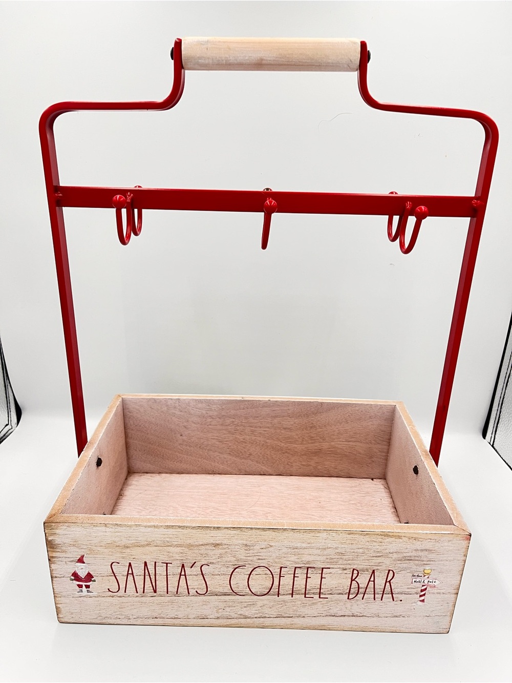 Rae Dunn Santa’s Coffee Bar Christmas Mug Holder Rack Wood Crate Hook Farmhouse